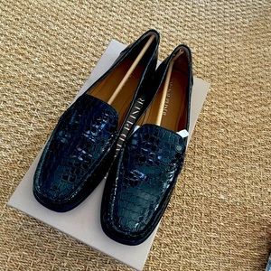 Croc embossed leather loafers, .50” heel, rounded mix toe, rubber outsole